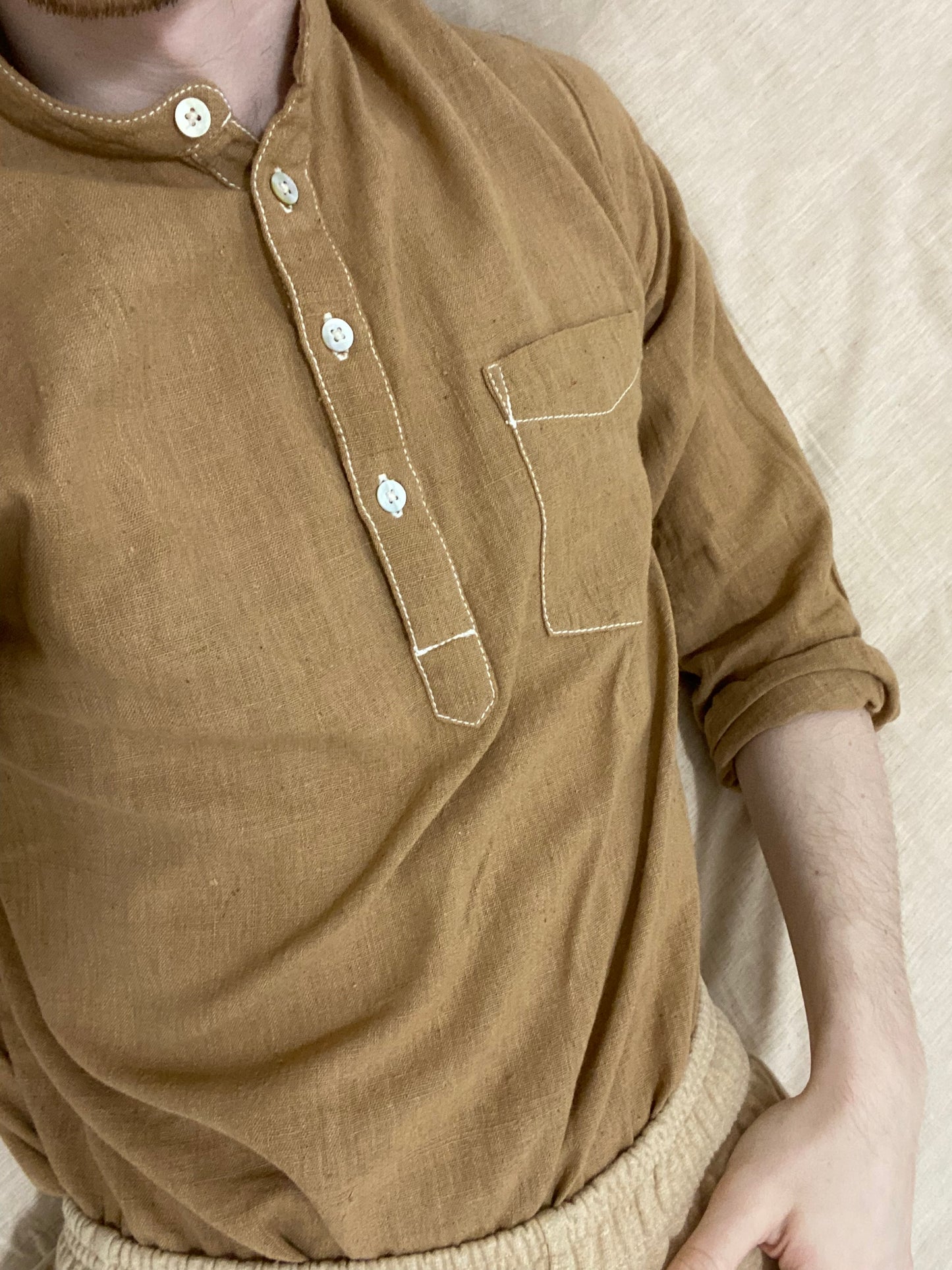 Undyed Brown Half Button Shirt